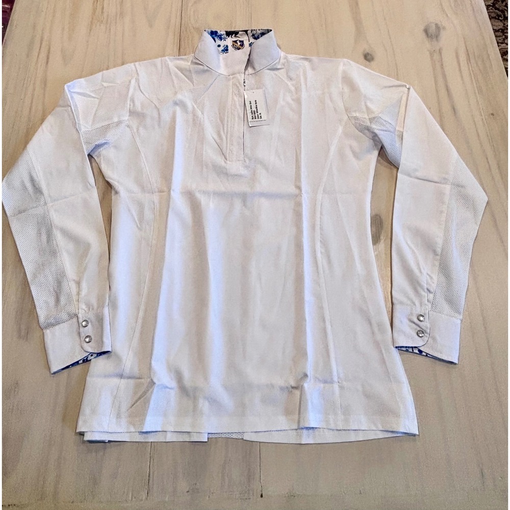 Royal Highness Equestrian White Blue Horse Mesh Show Shirt 68505 Womens XL‎ NWT